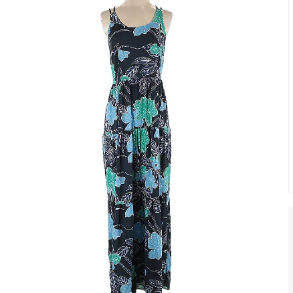 {LOFT} Blue Hibiscus Tropical patterned Cross Back Maxi Dress Beachy Vacation
